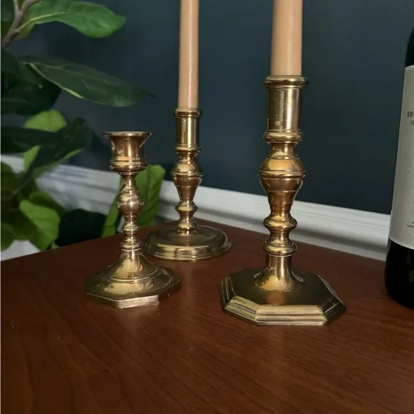 3 brass candleholders Accents